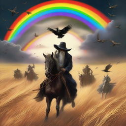 A surreal scene featuring grasshopper demons riding through fields of barley into a storm with a rainbow overhead