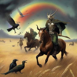 A surreal scene featuring grasshopper demons riding through fields of barley into a storm with a rainbow overhead