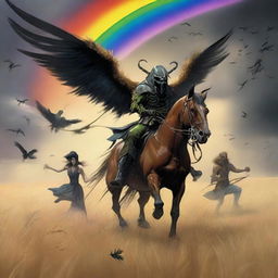 A surreal scene featuring grasshopper demons riding through fields of barley into a storm with a rainbow overhead