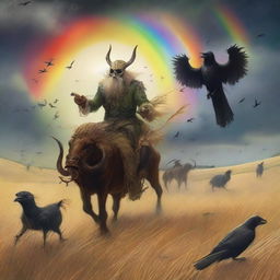 A surreal scene featuring grasshopper demons riding through fields of barley into a storm with a rainbow overhead