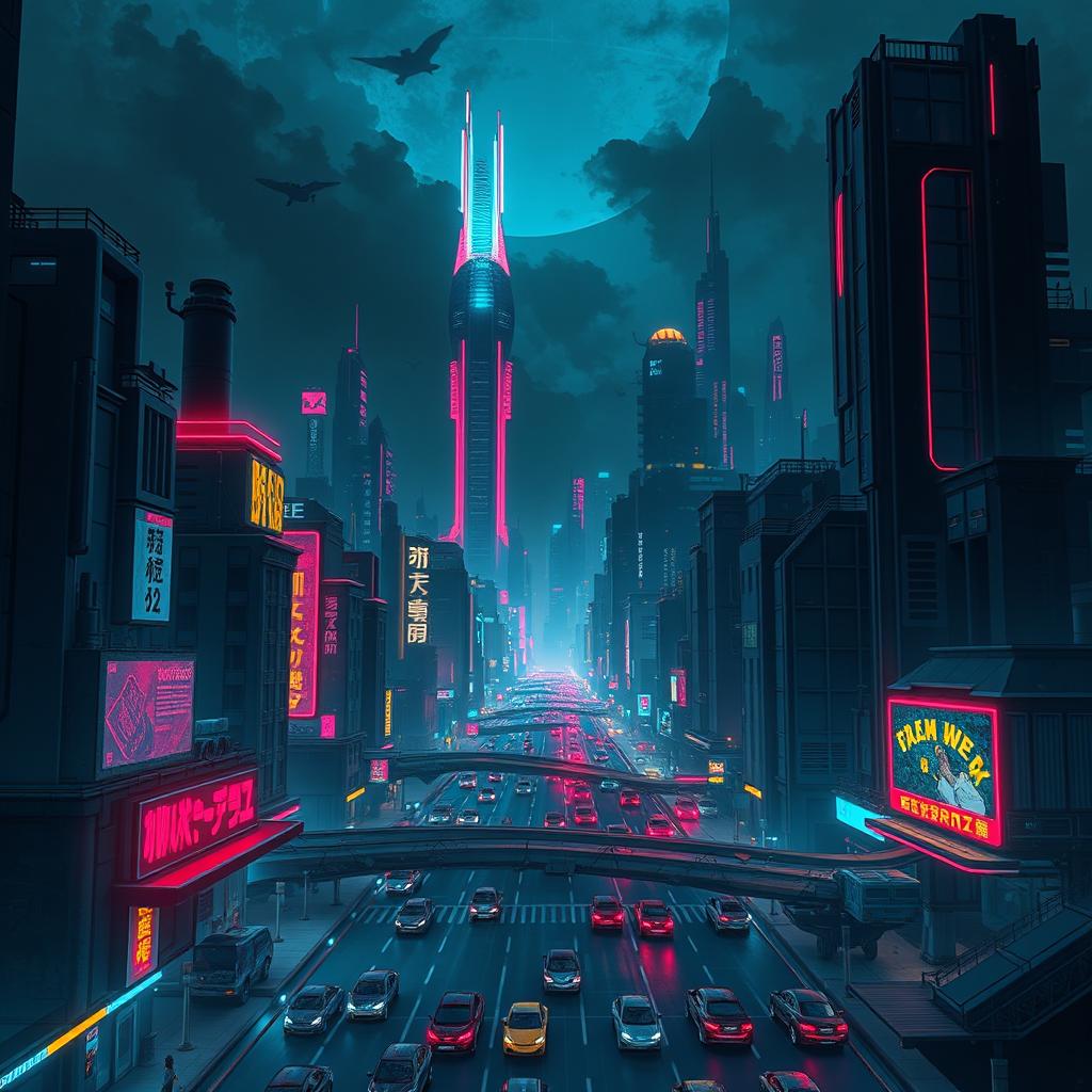 A stunning cyberpunk cityscape at night, with neon lights illuminating the futuristic buildings