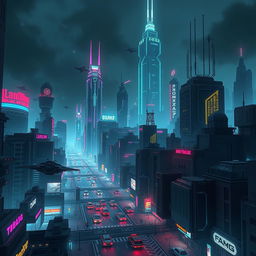 A stunning cyberpunk cityscape at night, with neon lights illuminating the futuristic buildings