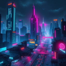 A stunning cyberpunk cityscape at night, with neon lights illuminating the futuristic buildings