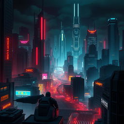 A stunning cyberpunk cityscape at night, with neon lights illuminating the futuristic buildings