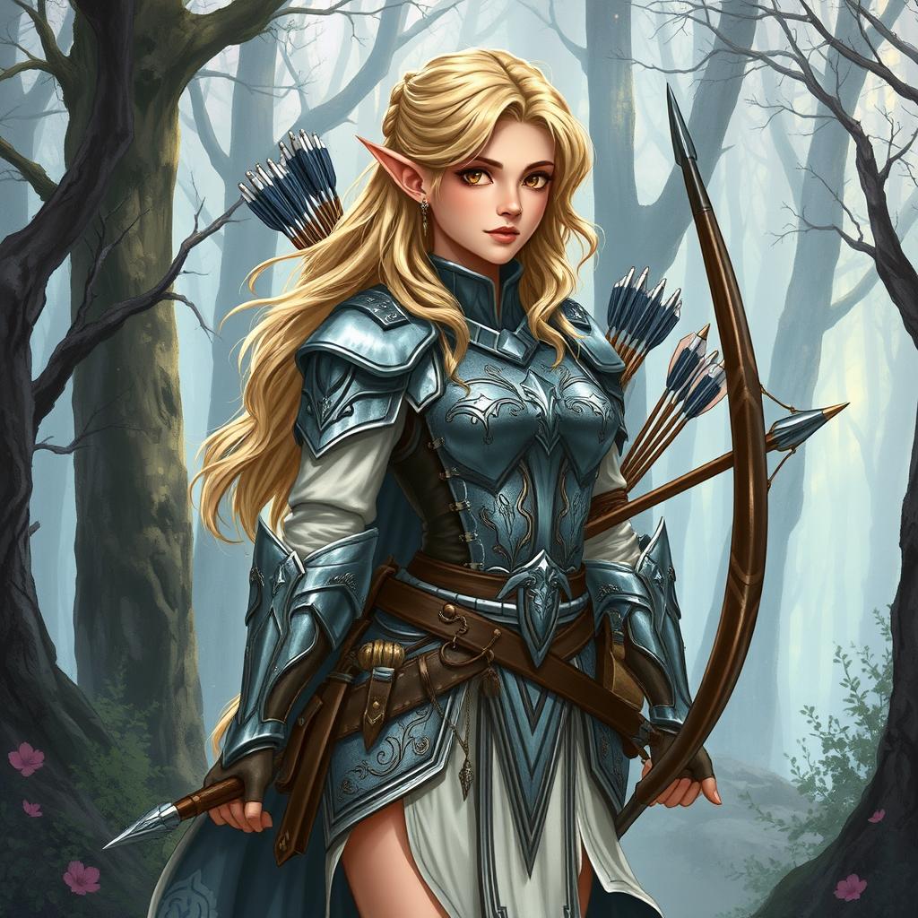 A detailed illustration of an elf warrior woman standing in a mystical forest