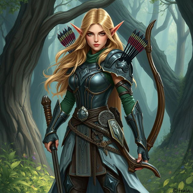 A detailed illustration of an elf warrior woman standing in a mystical forest