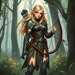 A detailed illustration of an elf warrior woman standing in a mystical forest