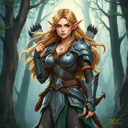 A detailed illustration of an elf warrior woman standing in a mystical forest