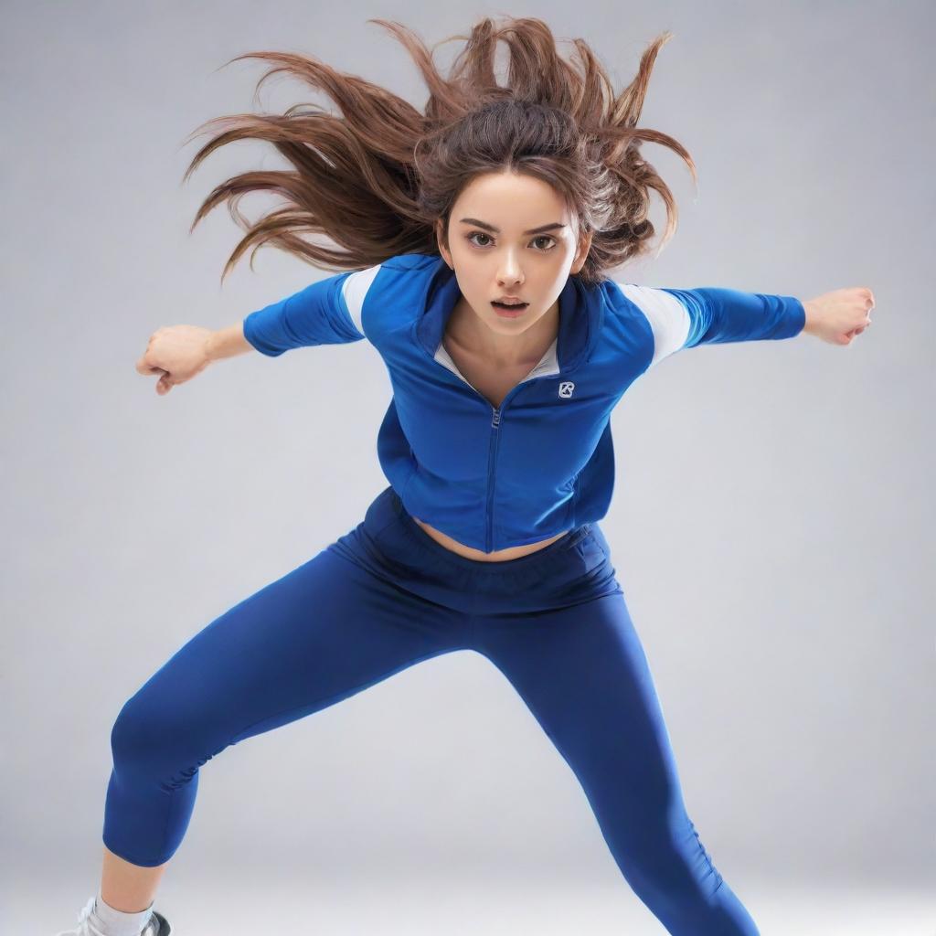 An athletic anime girl in dynamic pose, wearing sporty clothing, with bright, determined eyes, and her hair flowing with the movement