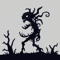 Create a very simple pixel art enemy character for a 2D video game, shown entirely in profile view