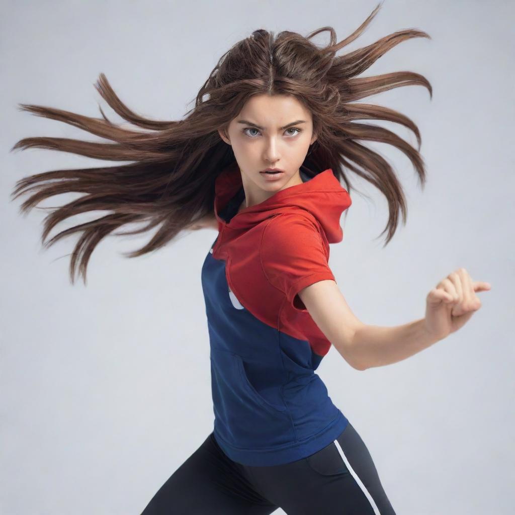 An athletic anime girl in dynamic pose, wearing sporty clothing, with bright, determined eyes, and her hair flowing with the movement