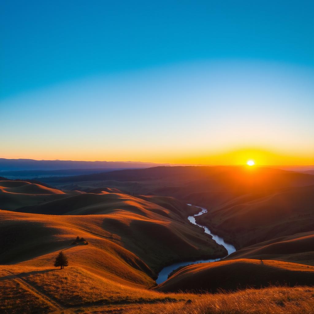 A beautiful landscape featuring rolling hills, a clear blue sky, and a vibrant sunset casting a warm glow over the scene