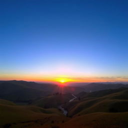 A beautiful landscape featuring rolling hills, a clear blue sky, and a vibrant sunset casting a warm glow over the scene