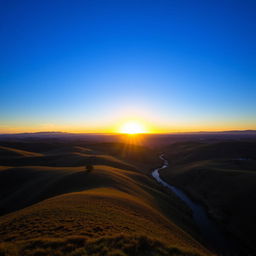 A beautiful landscape featuring rolling hills, a clear blue sky, and a vibrant sunset casting a warm glow over the scene