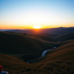 A beautiful landscape featuring rolling hills, a clear blue sky, and a vibrant sunset casting a warm glow over the scene