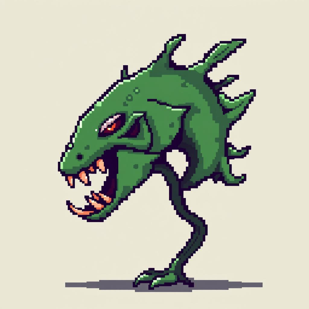 Create a very simple pixel art enemy character for a 2D video game, shown entirely in profile view