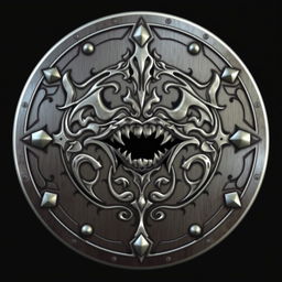 Create an image of a medium-sized shield with a slight demonic mouth subtly engraved on its surface