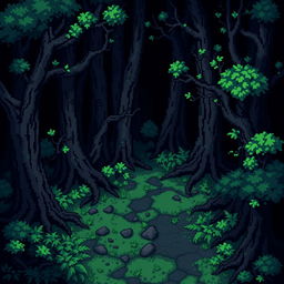 Create a pixel art tileset for a dark forest to be used in a 2D video game