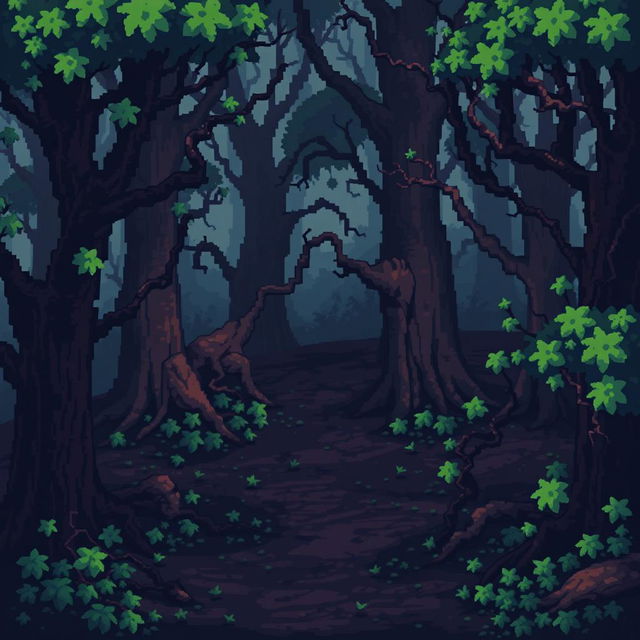 Create a pixel art tileset for a dark forest to be used in a 2D video game