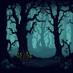 Create a pixel art tileset for a dark forest to be used in a 2D video game