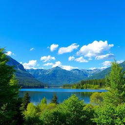 A beautiful landscape featuring a serene lake surrounded by lush green trees and mountains in the background, with a clear blue sky and fluffy white clouds