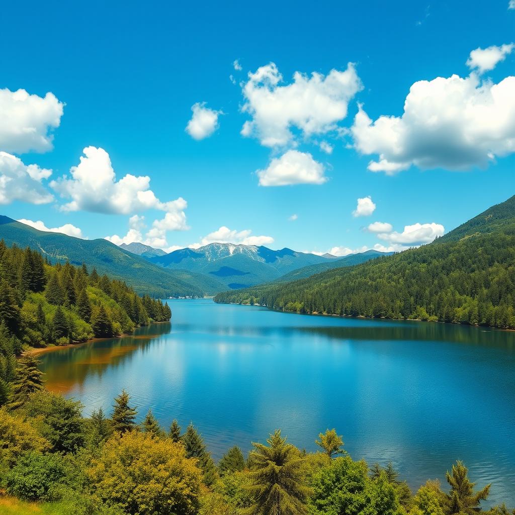 A beautiful landscape featuring a serene lake surrounded by lush green trees and mountains in the background, with a clear blue sky and fluffy white clouds