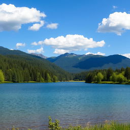 A beautiful landscape featuring a serene lake surrounded by lush green trees and mountains in the background, with a clear blue sky and fluffy white clouds