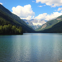 A beautiful landscape featuring a serene lake surrounded by lush green trees and mountains in the background, with a clear blue sky and fluffy white clouds