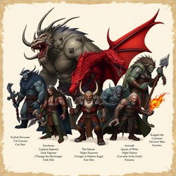 Create a detailed fantasy image featuring ten unique D&D-style bosses with their respective classes and races