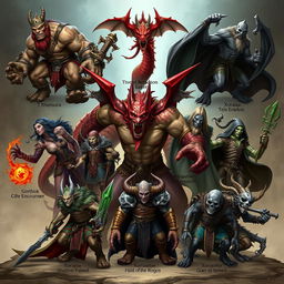 Create a detailed fantasy image featuring ten unique D&D-style bosses with their respective classes and races