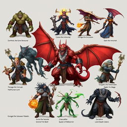 Create a detailed fantasy image featuring ten unique D&D-style bosses with their respective classes and races