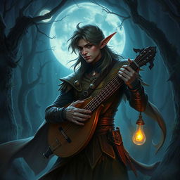 Create a detailed fantasy image featuring Eriol the Seducer, a Night Elf Bard