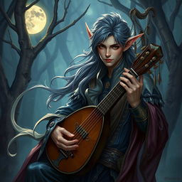 Create a detailed fantasy image featuring Eriol the Seducer, a Night Elf Bard