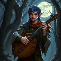Create a detailed fantasy image featuring Eriol the Seducer, a Night Elf Bard