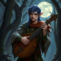 Create a detailed fantasy image featuring Eriol the Seducer, a Night Elf Bard