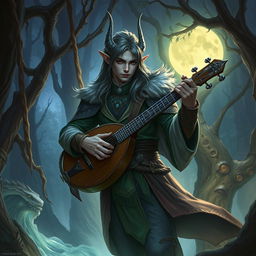 Create a detailed fantasy image featuring Eriol the Seducer, a Night Elf Bard