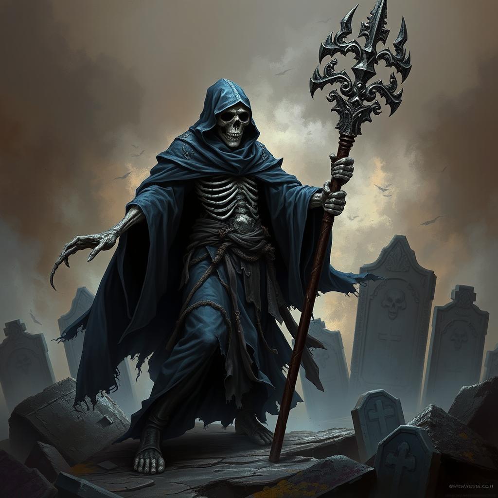 Create a detailed fantasy image featuring Zorvath the Lord of the Dead, an Undead Death Cleric