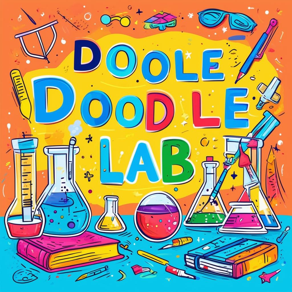 Create a vibrant book cover for 'Doodle Lab' featuring a whimsical laboratory scene with colorful doodles, artistic tools, and a playful hand-drawn title