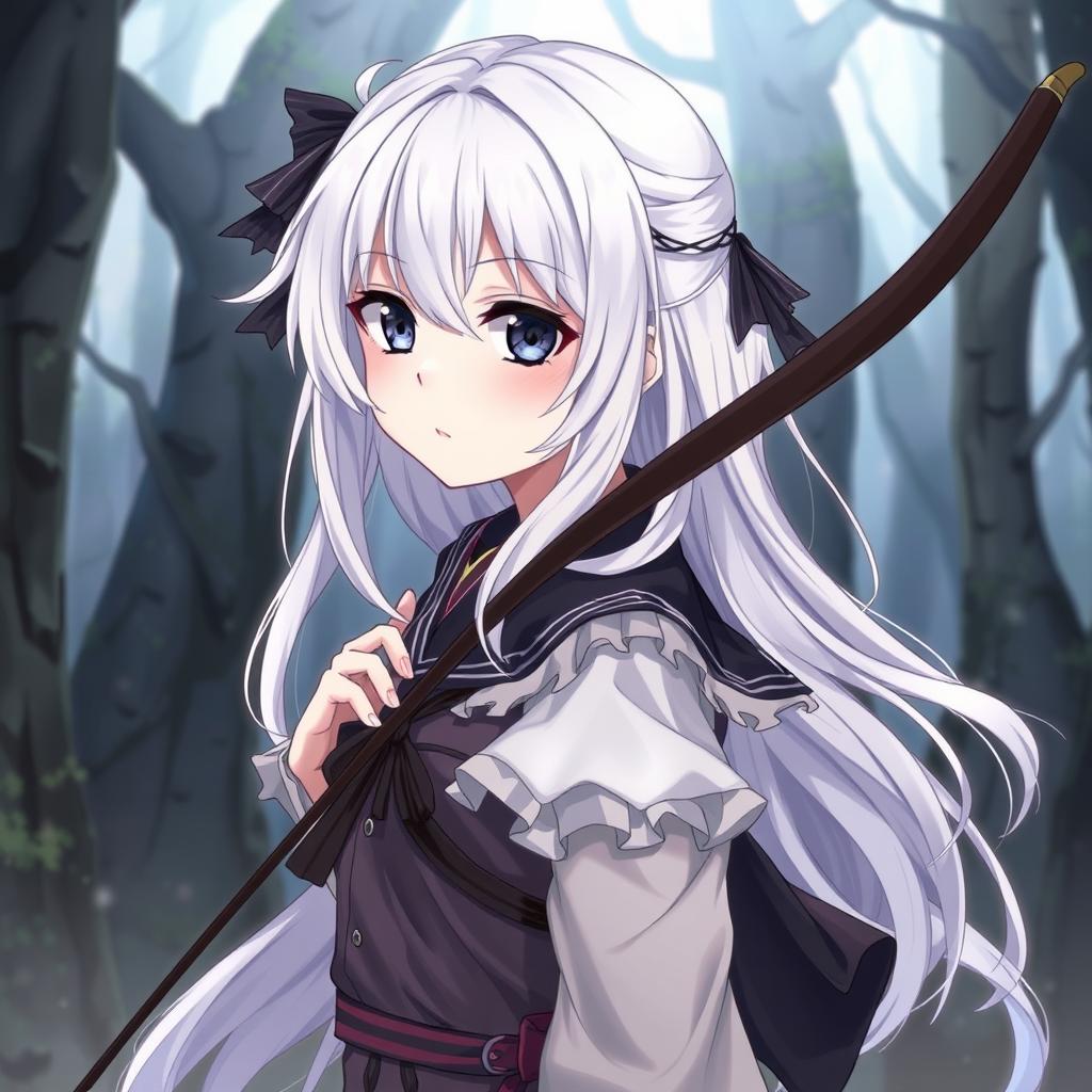 A detailed illustration of an anime girl with white hair and a black eye, holding a bow