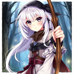 A detailed illustration of an anime girl with white hair and a black eye, holding a bow