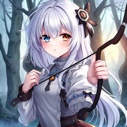 A detailed illustration of an anime girl with white hair and a black eye, holding a bow