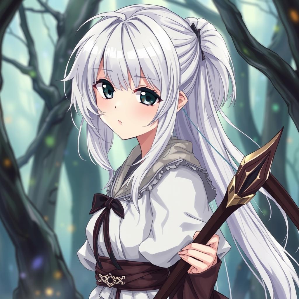 A detailed illustration of an anime girl with white hair and a black eye, holding a bow