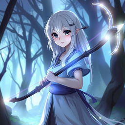 A digital art piece featuring a girl with white hair and black eyes, holding a glowing bow