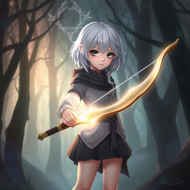 A digital art piece featuring a girl with white hair and black eyes, holding a glowing bow