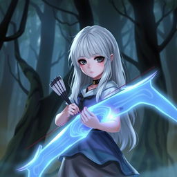 A digital art piece featuring a girl with white hair and black eyes, holding a glowing bow