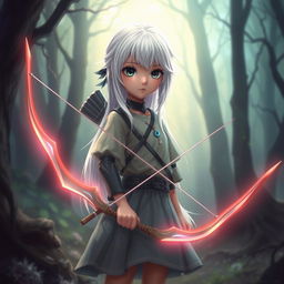 A digital art piece featuring a girl with white hair and black eyes, holding a glowing bow