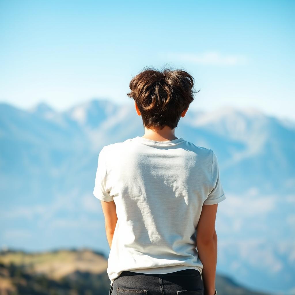 A detailed back view of a person standing in a serene landscape, with mountains in the background and a clear blue sky