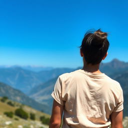 A detailed back view of a person standing in a serene landscape, with mountains in the background and a clear blue sky