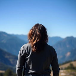 A detailed back view of a person standing in a serene landscape, with mountains in the background and a clear blue sky