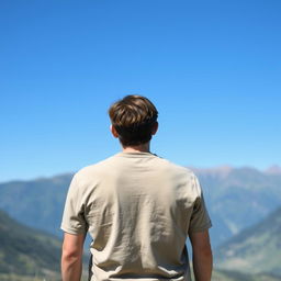 A detailed back view of a person standing in a serene landscape, with mountains in the background and a clear blue sky